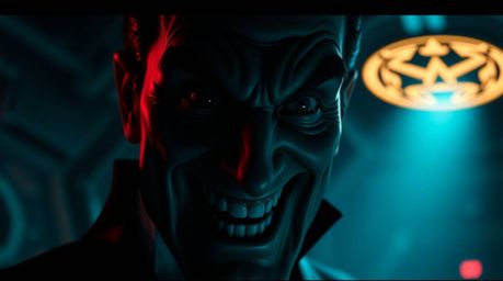 A tight close-up shot featuring chiaroscuro lighting highlights a villain's geometric logo with clean lines, balance, and sym