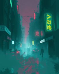 Explore a dynamic digital sketch depicting a pixelated glitch image of a cyberpunk street bathed in neon haze. Rich, deep tea