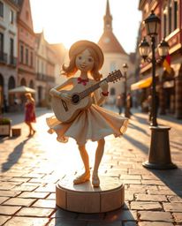 A vibrant papier-mâché musical performance unfolds in a bright town square, bathed in the warm glow of golden hour.  The scen