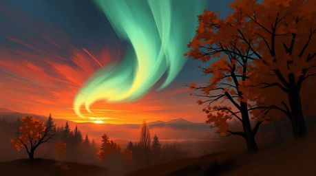 A dynamic digital sketch showcases a breathtaking scene of warm autumnal Northern Lights dancing across a vibrant sunset sky.
