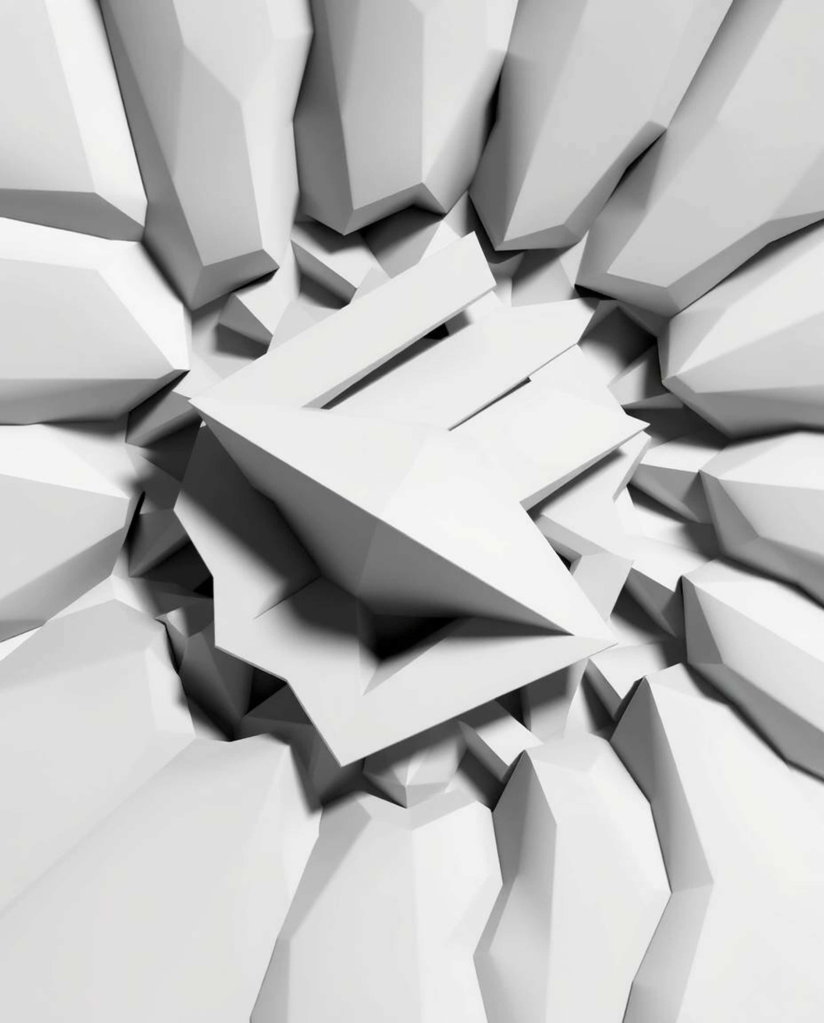 Explore a futuristic sci-fi image featuring a monochrome 3D geometric pattern reminiscent of folded paper.  This high-contras