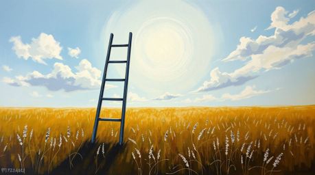 A classic oil painting style showcases a silhouetted silver ladder dramatically placed against a bright, open sky, set within