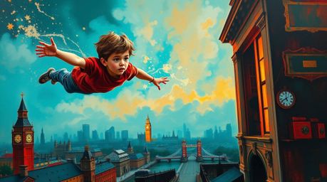 A captivating acrylic painting depicting a young boy soaring above London, propelled by magical pixie dust. The artwork featu