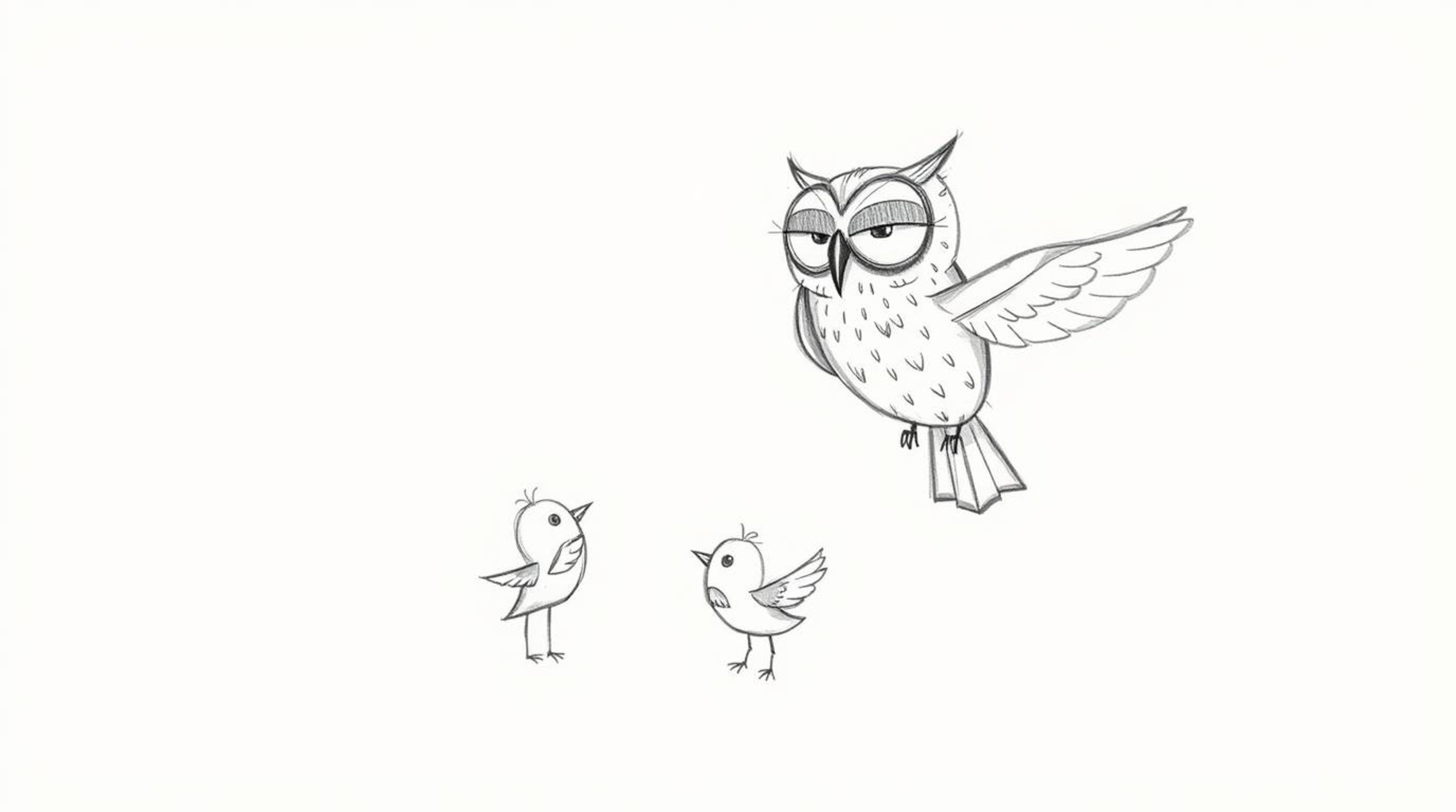 A whimsical hand-drawn sketch inspired by Pixar animation, featuring a blind owl with soft, textured pencil strokes, teaching