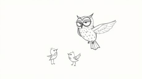 A whimsical hand-drawn sketch inspired by Pixar animation, featuring a blind owl with soft, textured pencil strokes, teaching