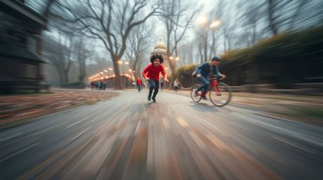 Experience an exhilarating chase scene captured in extreme macro close-up with a long exposure, where exaggerated squash and 