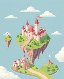 A whimsical, modern flat design illustration depicts a vibrant kingdom featuring floating islands and majestic castles. Rend