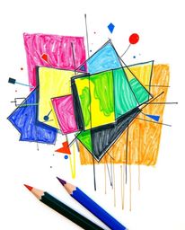 A captivating hand-drawn pencil sketch featuring abstract shapes with vibrant complementary colors.  The artwork incorporates