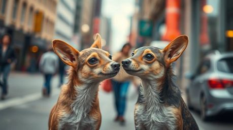 A captivating street photography scene unfolds, blurring the background with a soft bokeh to draw focus to two mischievous ta