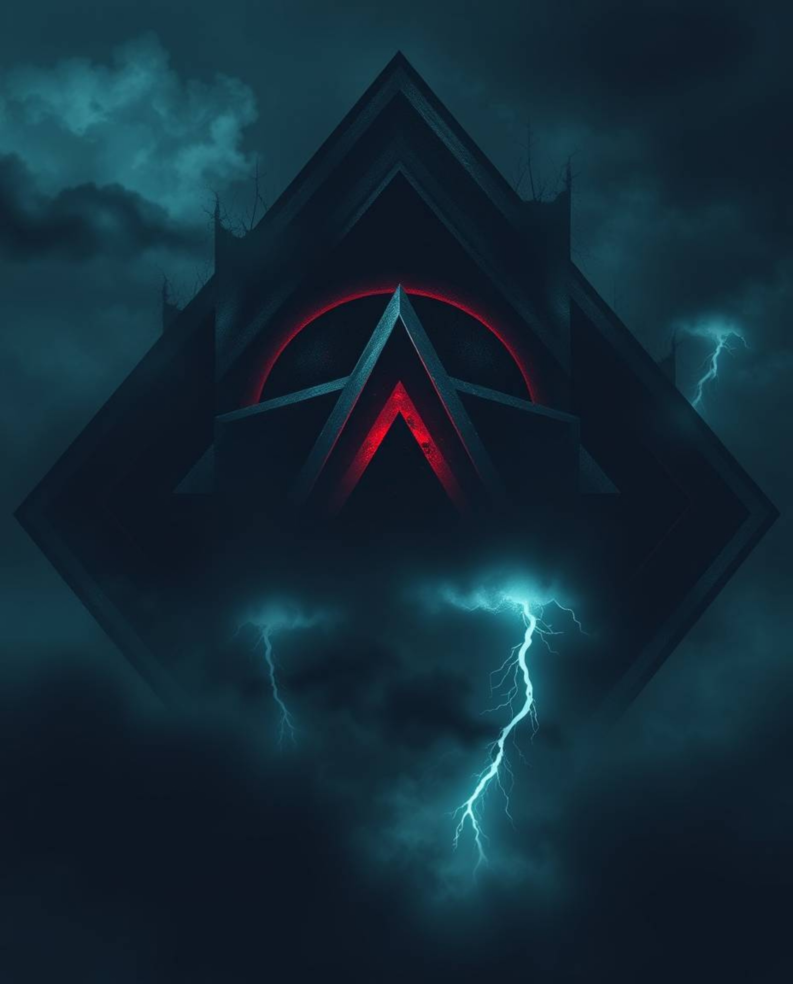 This logo concept evokes an eerie and creepy atmosphere through a surreal storm depicted with geometric shapes and dark tones