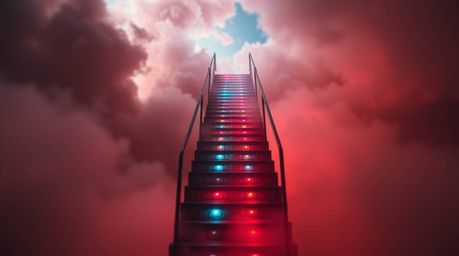 A captivating image of a surreal stairway suspended in smoky clouds, glowing with vibrant bioluminescent colors.  The sharp f