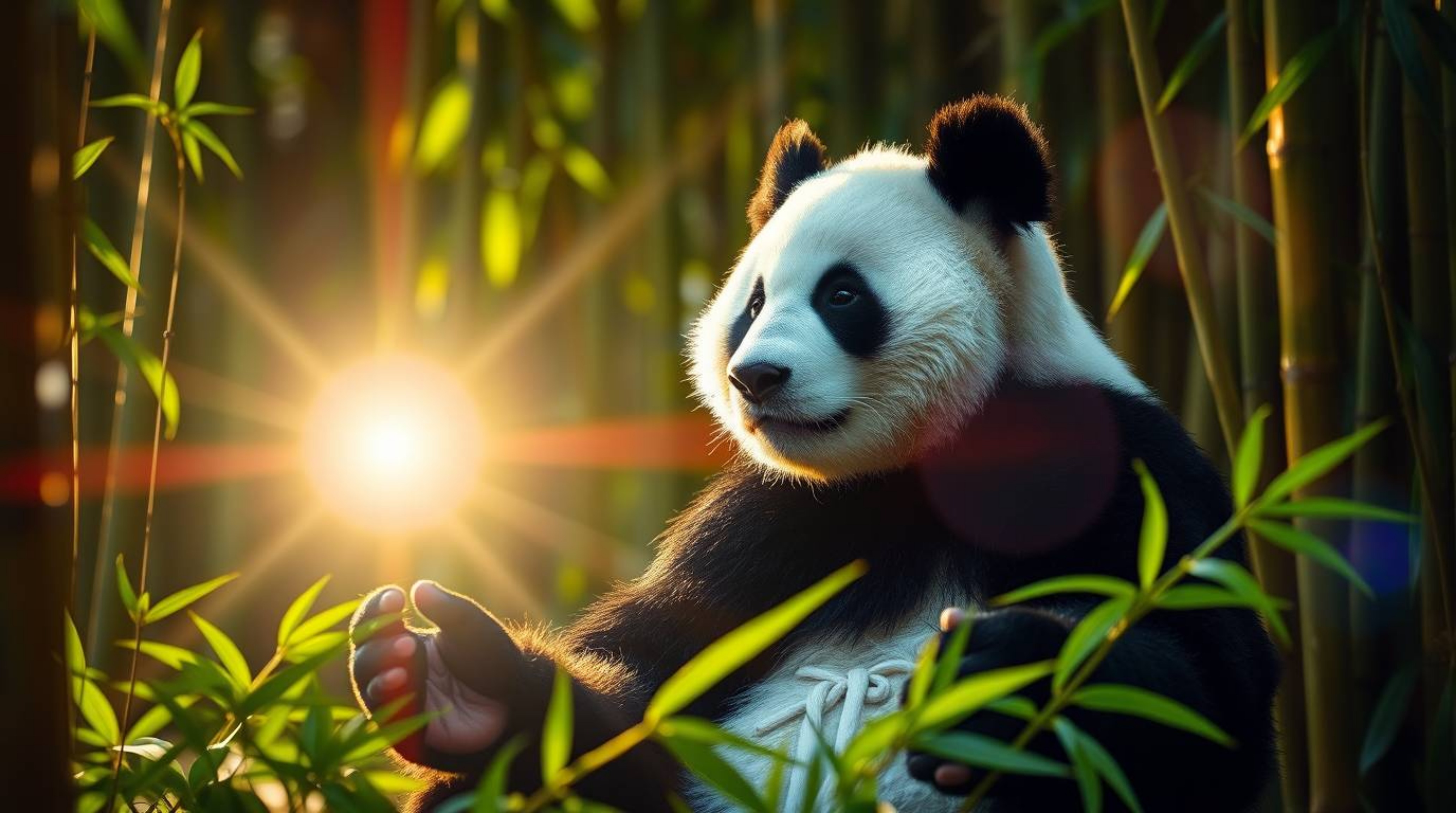 A serene martial artist panda with black and white fur meditates peacefully amidst a bamboo forest, bathed in the glow of bri