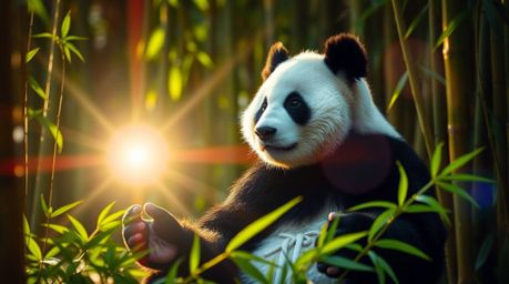 A serene martial artist panda with black and white fur meditates peacefully amidst a bamboo forest, bathed in the glow of bri
