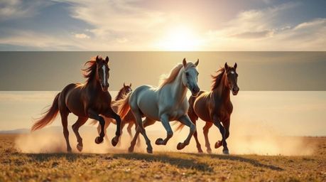 A captivating split image captures the raw power and elegance of a wild horse herd galloping beneath a radiant, glowing sky. 