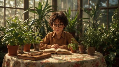 a cinematic, warm-toned photograph of a bright-eyed, bespectacled young genius, with curly brown hair and a gentle, encouragi