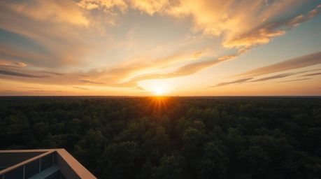A stunning high-angle architectural photograph captures the beauty of a dense forest at sunset.  Sharp lines and intricate de