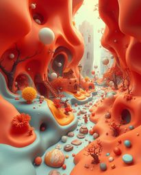 Immerse yourself in a surreal, dreamlike scene bathed in warm autumn hues. Colorful 3D fluid shapes dance and interact with g