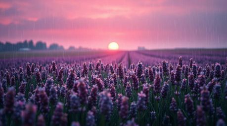 A wet, rainy scene captures the breathtaking beauty of lavender fields reflecting light and glowing under a dreamy pink sky. 