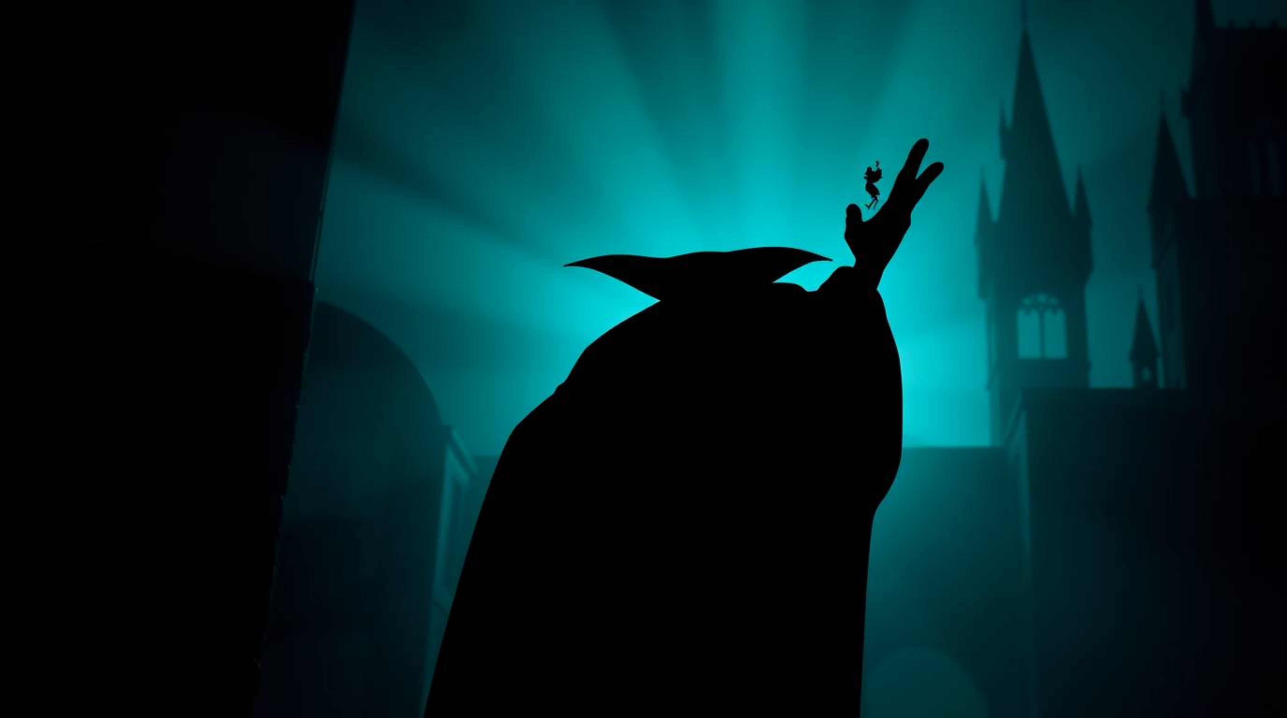 A classic Disney villain is dramatically silhouetted against a vibrant teal background.  The image features rich, deep teal t