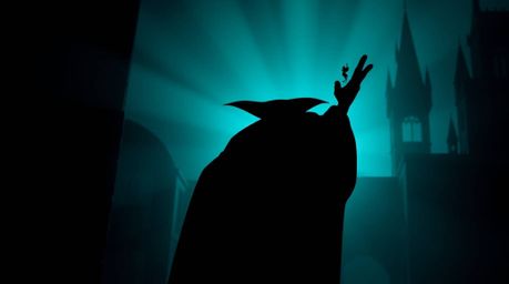 A classic Disney villain is dramatically silhouetted against a vibrant teal background. The image features rich, deep teal t