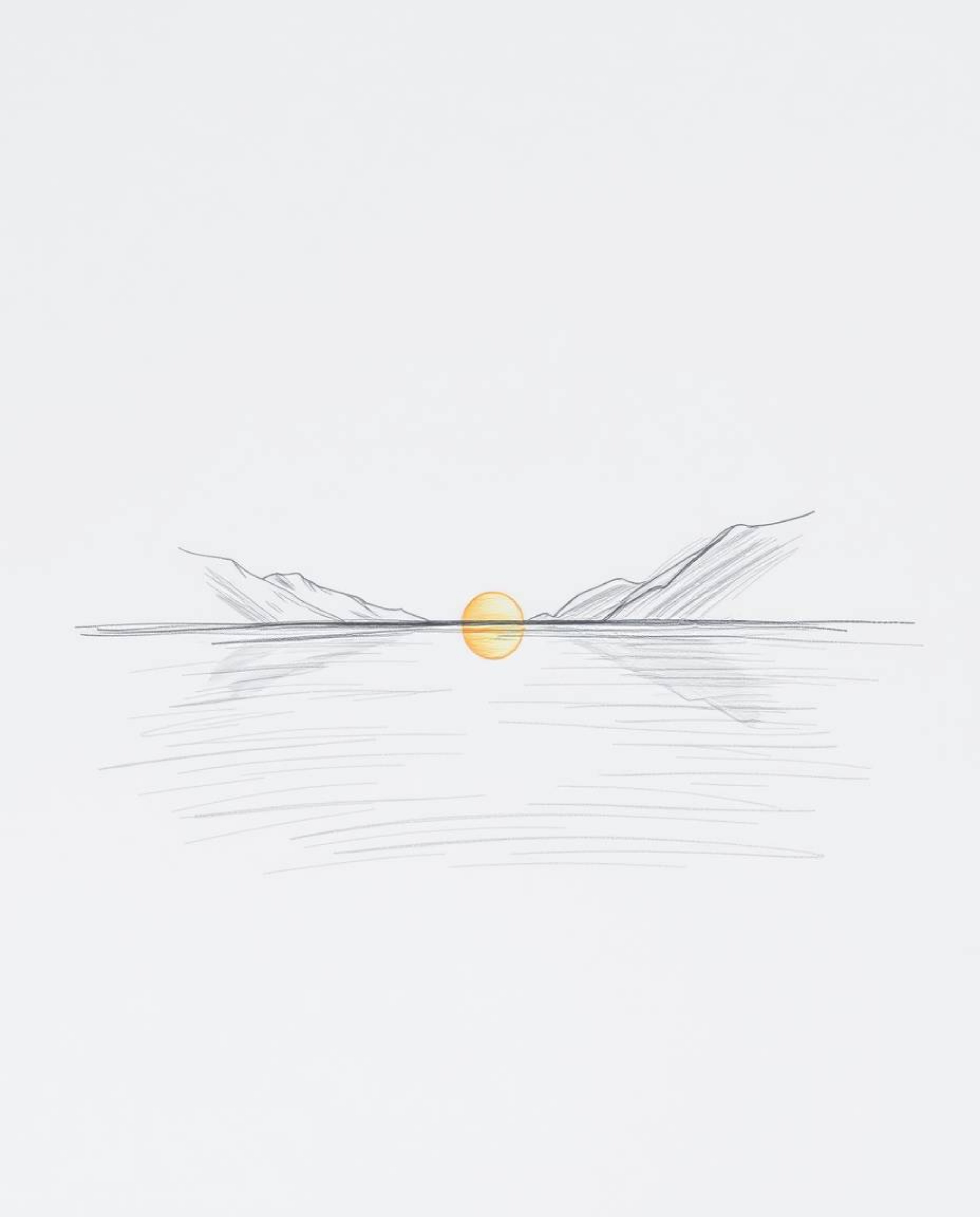 A delicate hand-drawn pencil sketch on a white background, depicting a glassy fjord reflecting a serene sunset. The artwork i