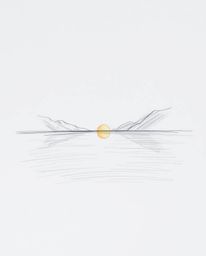 A delicate hand-drawn pencil sketch on a white background, depicting a glassy fjord reflecting a serene sunset. The artwork i