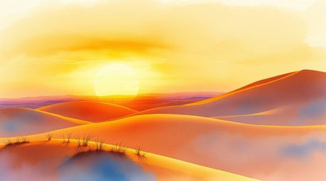 This collection features delicate watercolor paintings capturing the beauty of a sunset at the edge of a desert with golden d