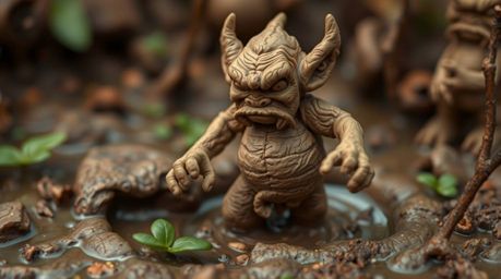 An extreme close-up reveals intricate details of a sculpted clay ogre dancing in a swamp.  The image showcases the textured c