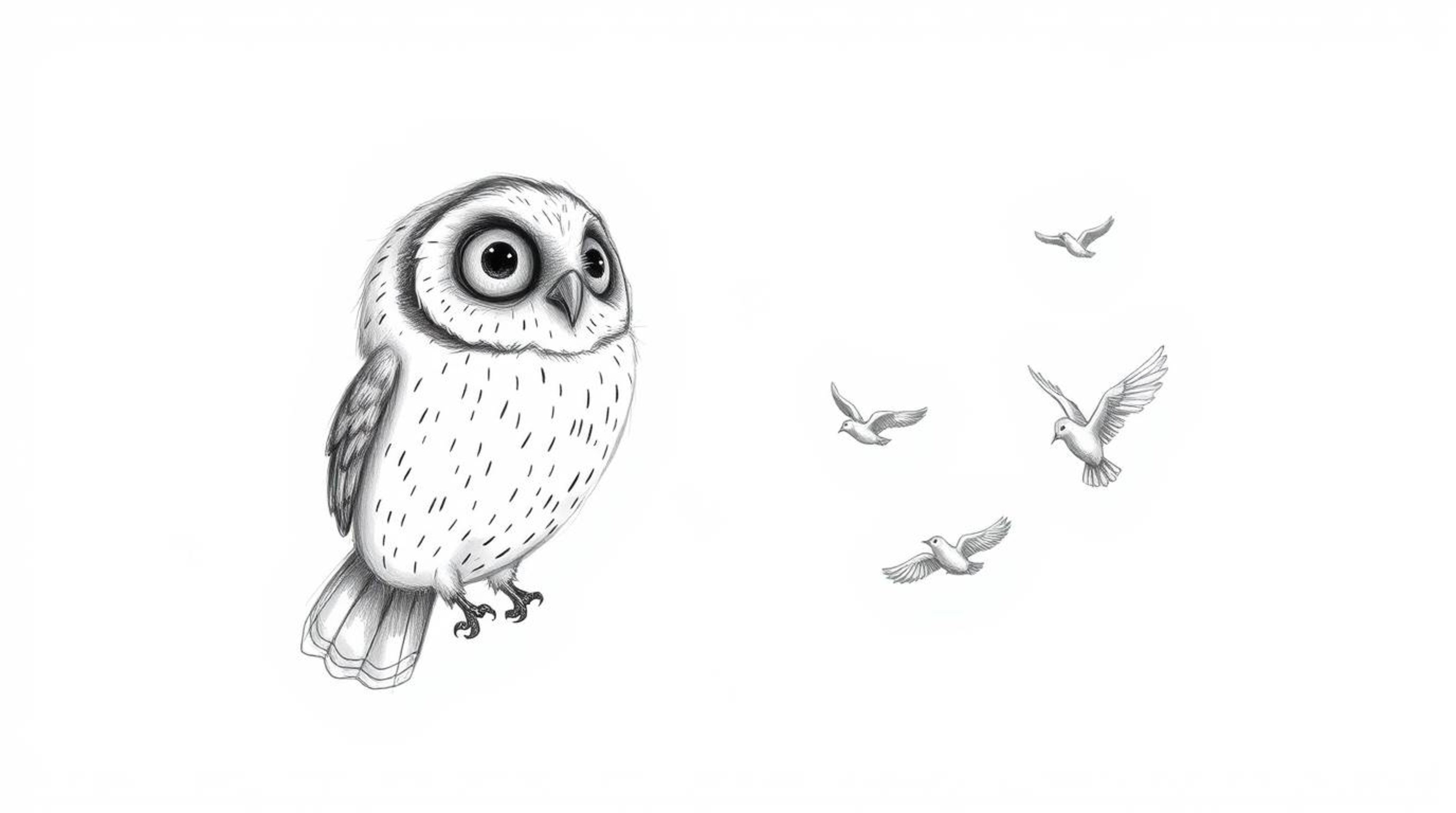 A charming hand-drawn sketch in the style of Pixar depicts a blind owl, its plumage meticulously detailed with textured penci
