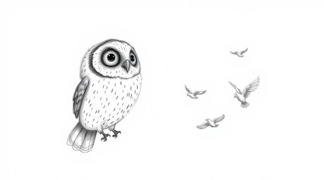 A charming hand-drawn sketch in the style of Pixar depicts a blind owl, its plumage meticulously detailed with textured penci