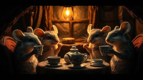 Experience a captivating close-up view of anthropomorphic mice enjoying a tea party within the warm embrace of a cozy cottage