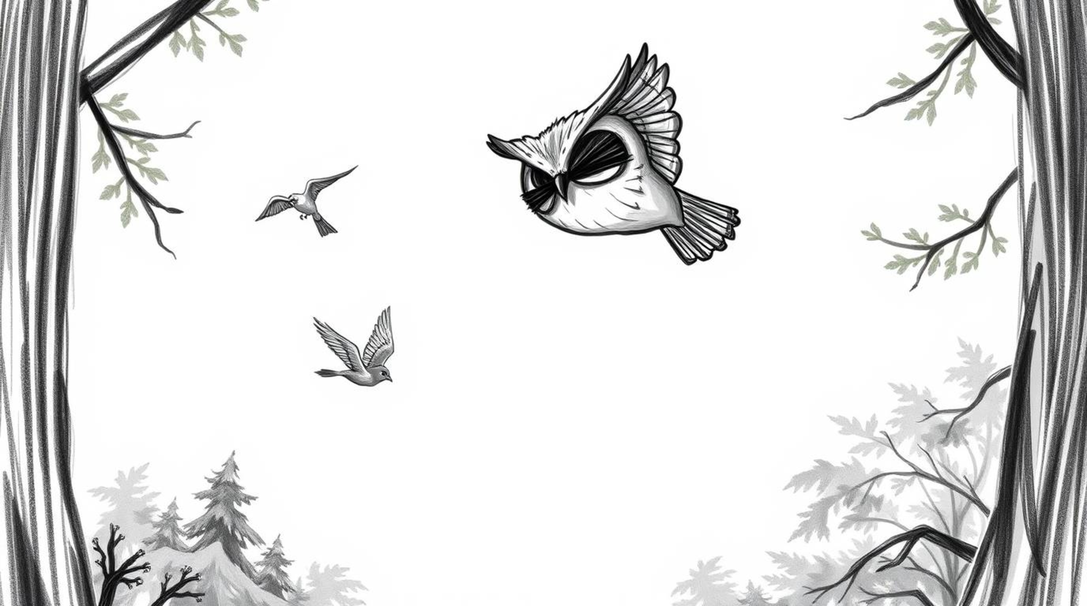 A captivating hand-drawn sketch in the style of Pixar, depicting a blind owl patiently teaching birds to fly. The textured p