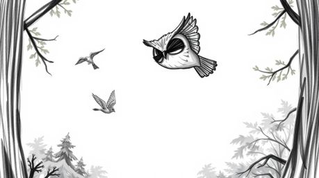 A captivating hand-drawn sketch in the style of Pixar, depicting a blind owl patiently teaching birds to fly.  The textured p
