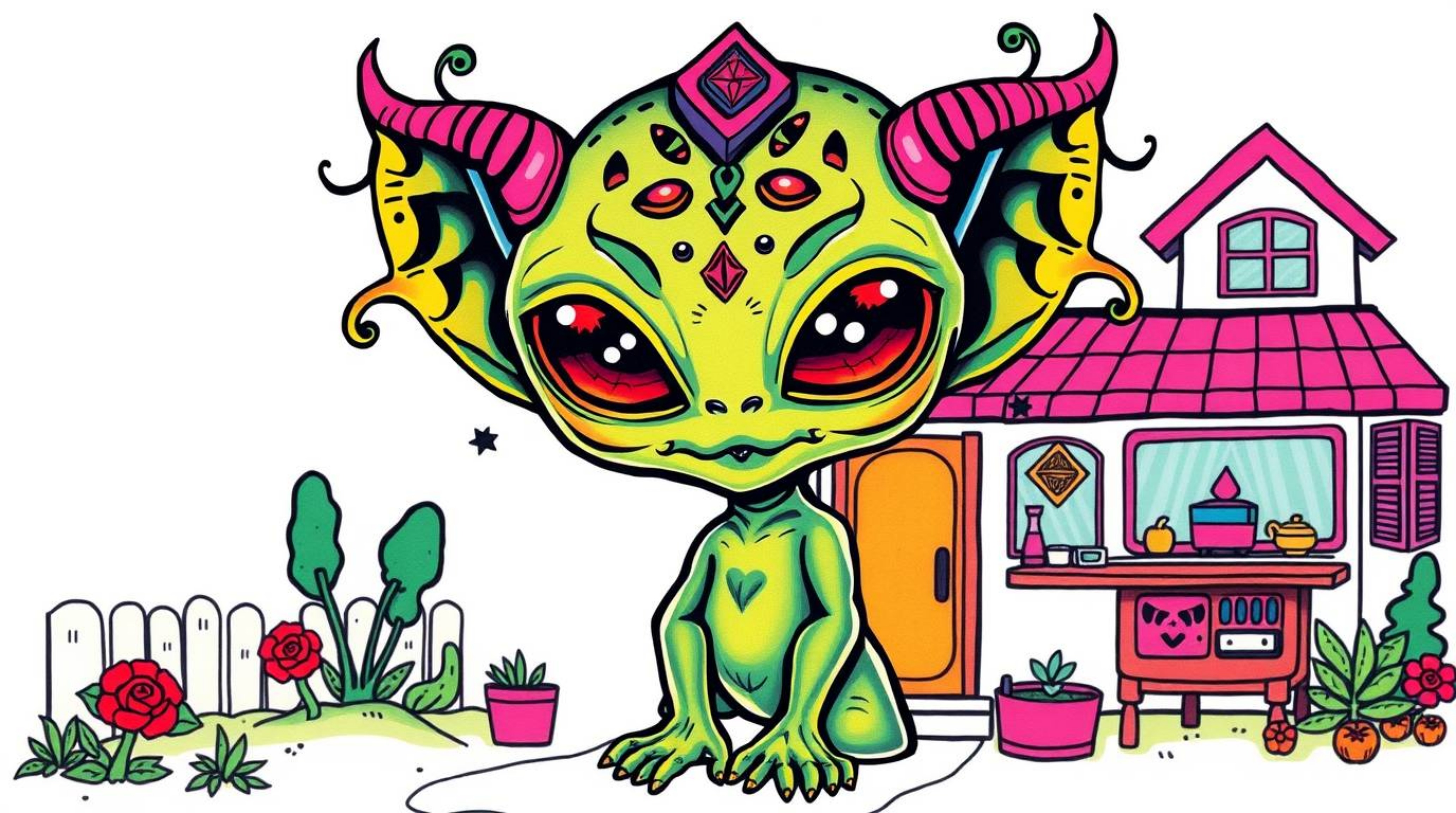 Discover a charming collection of symbolic traditional tattoo art prints featuring an adorable alien in a suburban setting.  