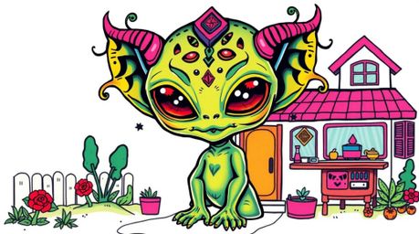 Discover a charming collection of symbolic traditional tattoo art prints featuring an adorable alien in a suburban setting.  