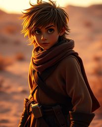 Capture the essence of a brave, Disney-style hero embarking on a desert adventure in this intensely lit and ethereal photogra