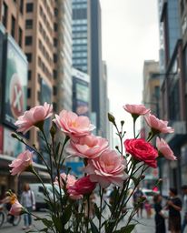 Explore the captivating juxtaposition of refined and elegant flowers flourishing amidst the ruins of a post-apocalyptic city.