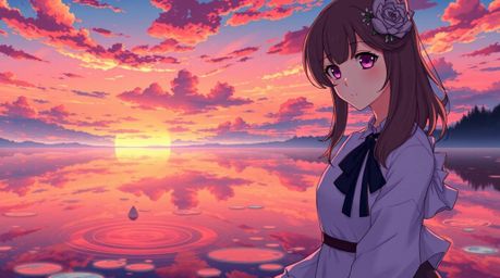 Immerse yourself in an Isekai anime style artwork depicting a graceful and elegant reflection of a colorful sunset in a calm 