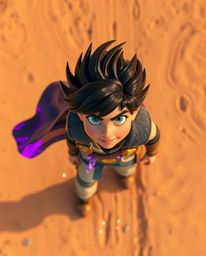 Experience a vibrant overhead view of a brave Disney-style hero embarking on a thrilling desert adventure.  The scene is awas
