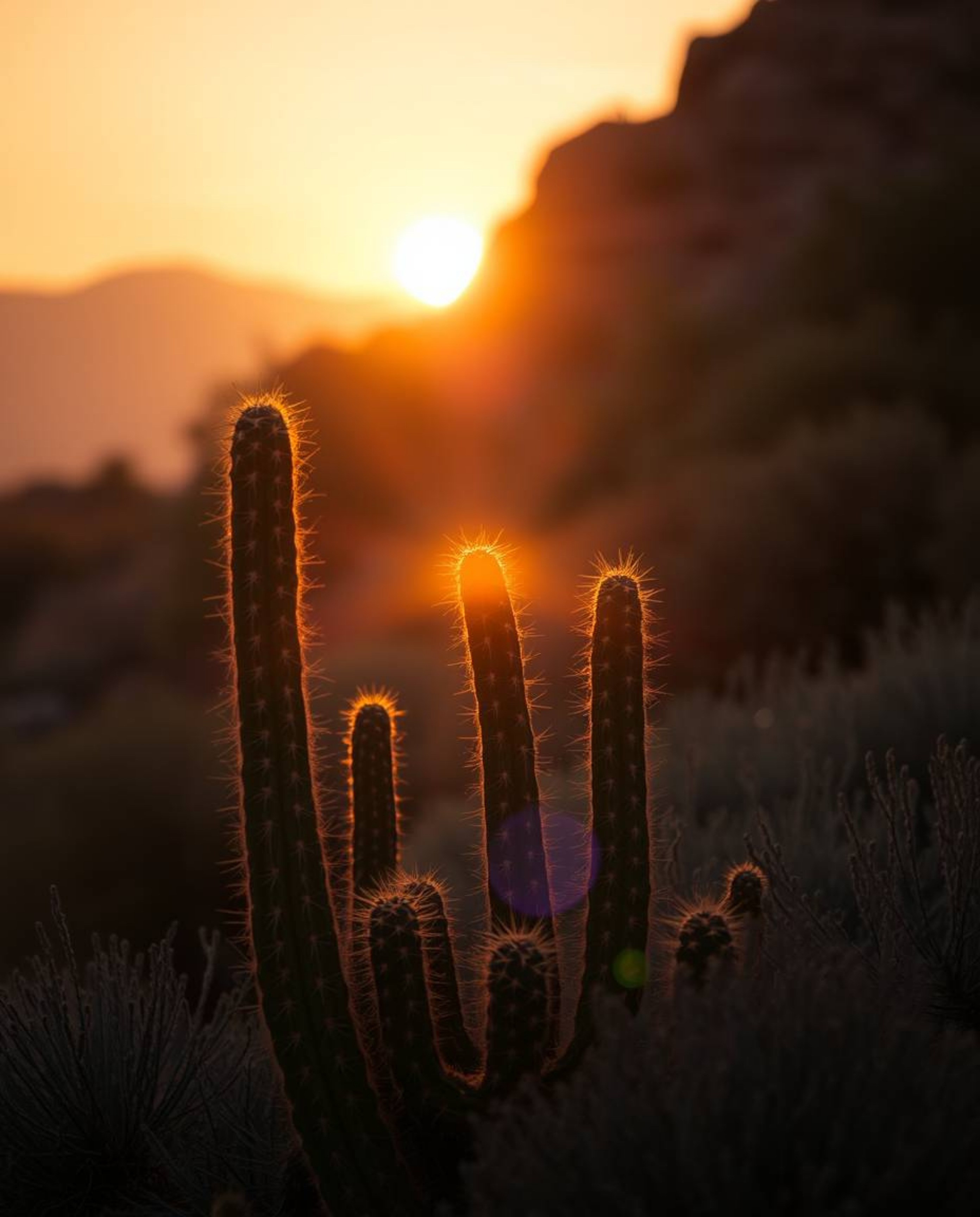 A desert cactus glows in the last rays of the sun, enveloped in a soft, dreamy atmosphere. This beautiful scene is characteri