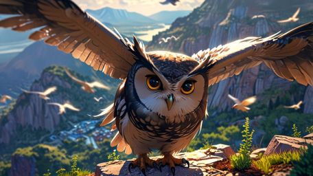 A breathtaking scene, rendered in a captivating Pixar and anime style, shows a blind owl mentoring young birds on a windy mou