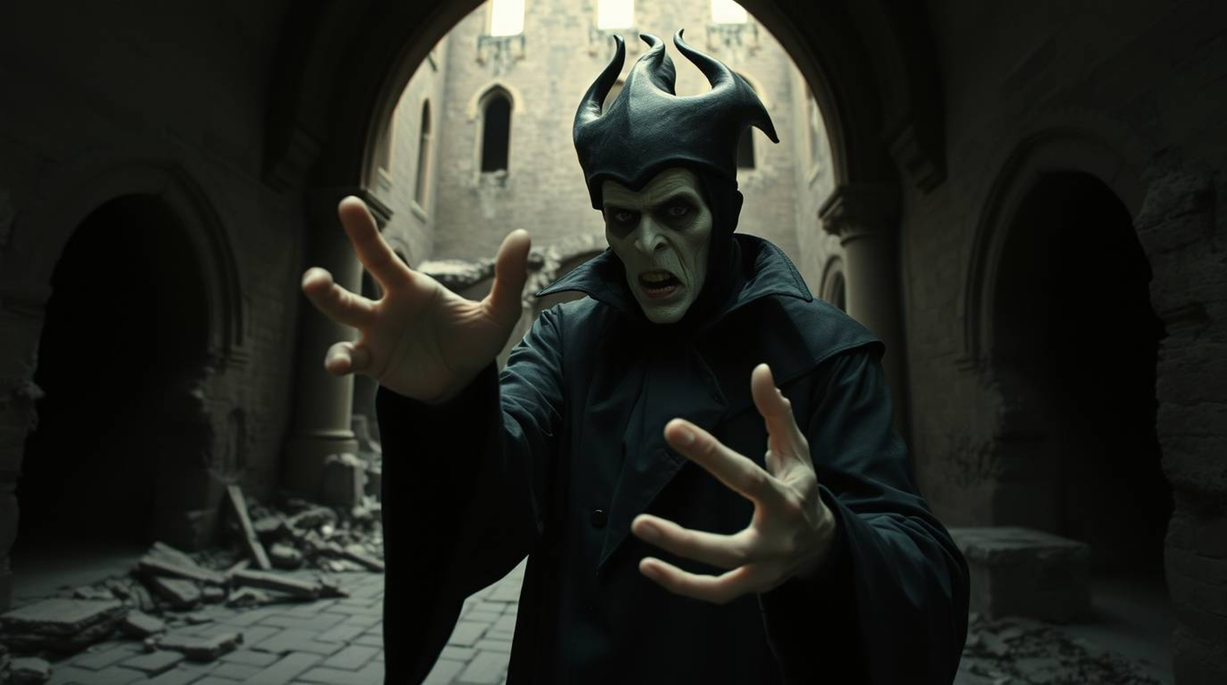 A candid street photography-style image depicts a classic Disney villain, gaunt and darkly clad, casting a spell within a cru