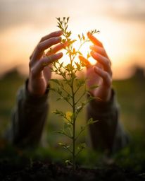 A photograph captures the essence of flow state, showcasing hands gently planting a tree under a breathtaking golden sky. The