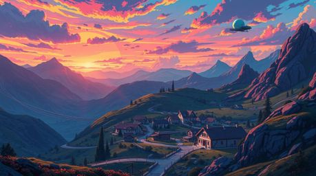 Immerse yourself in a futuristic sci-fi illustration depicting a cozy village nestled in a valley beneath a vibrant, colorful