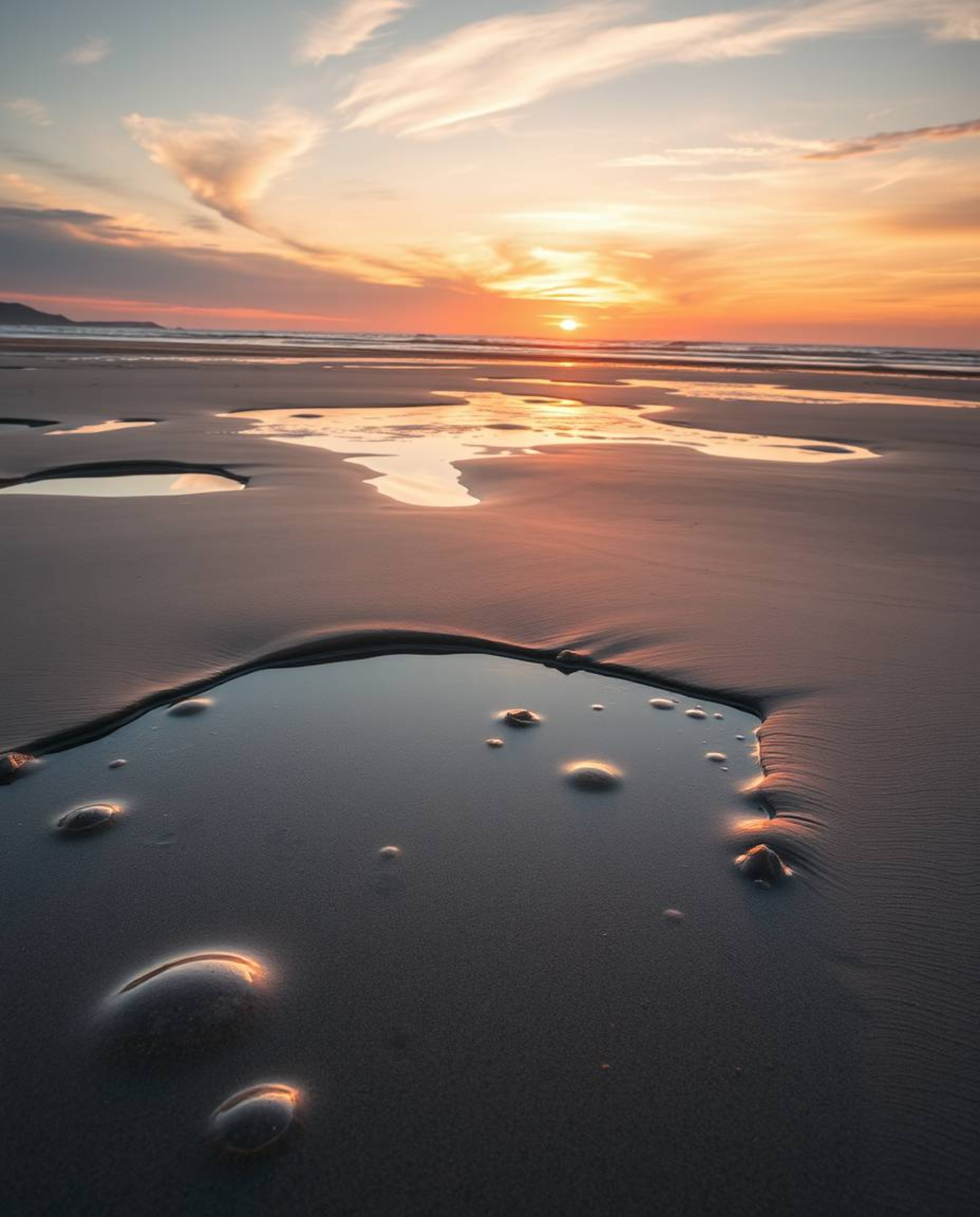 A high-angle perspective photograph captures a serene sunset sky as it is mirrored in the calm tidal pools of a beach. This i