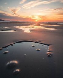 A high-angle perspective photograph captures a serene sunset sky as it is mirrored in the calm tidal pools of a beach. This i