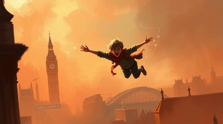 A captivating digital painting depicts a young boy soaring above the London skyline, sprinkled with magical pixie dust.  Rend