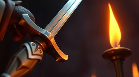 Experience a captivating close-up of a charming prince's sword clashing with a dragon's claw, rendered in the warm glow of ca