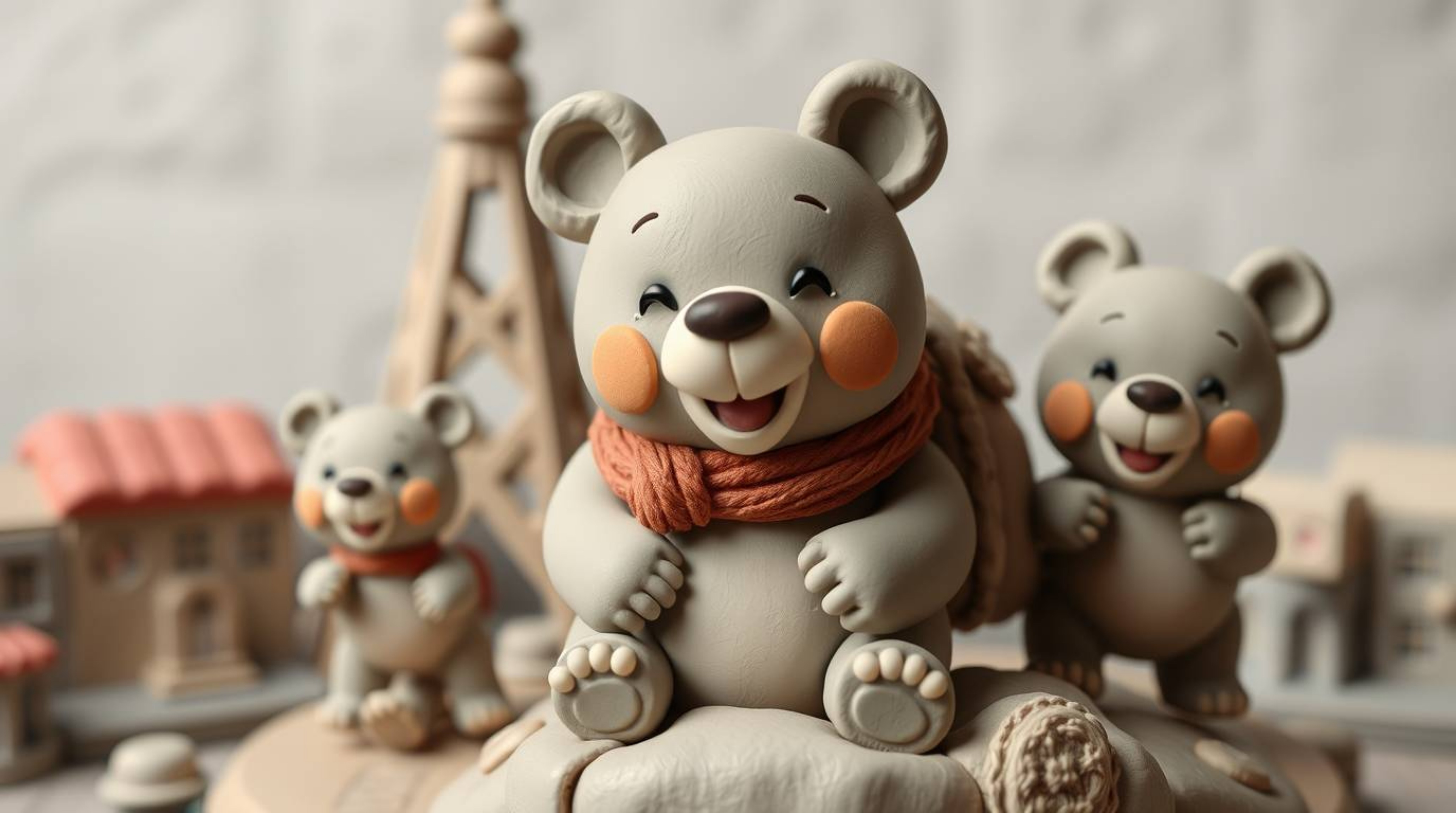 A charming sculptural clay art piece captures an adorable bear family embarking on a cute urban adventure. The art features b