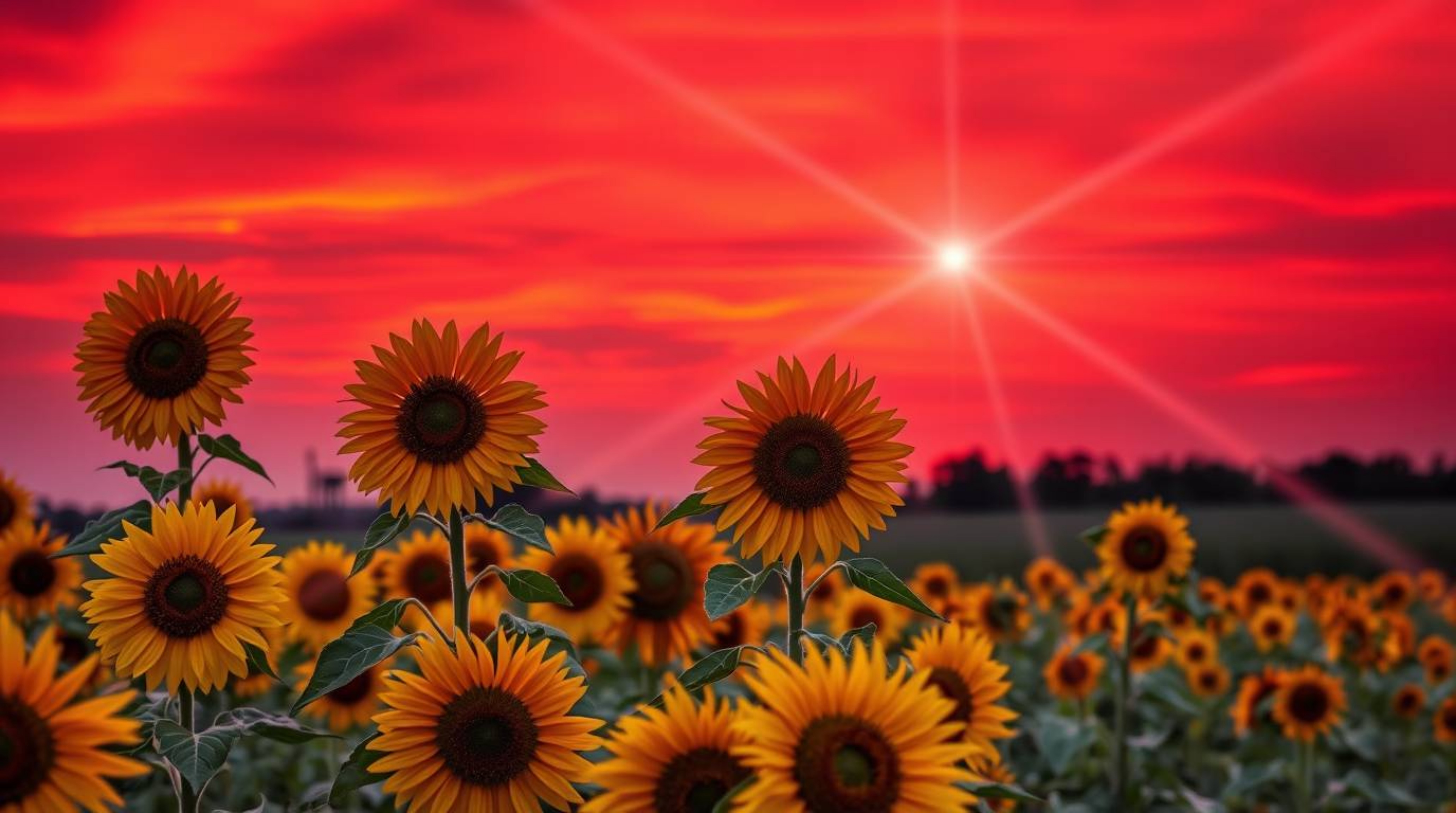 A breathtaking image of vibrant sunflowers bathed in the golden hour light, set against a dramatic deep red and purple sunset
